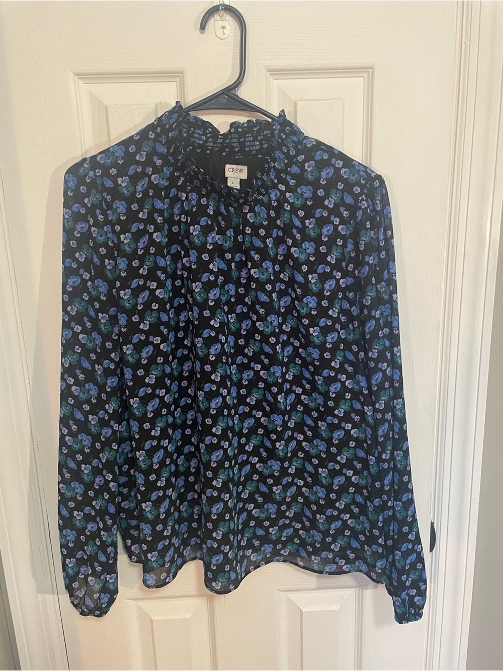 J. Crew Black Floral Smocked Neck Long-Sleeve Blouse